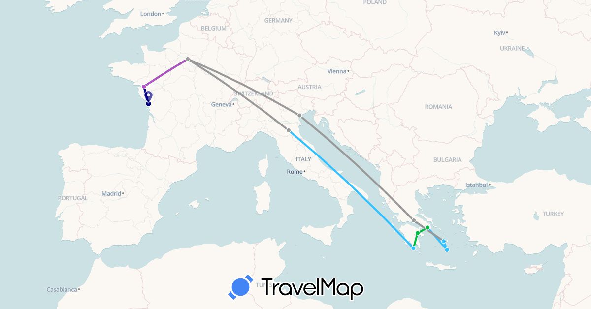 TravelMap itinerary: driving, bus, plane, train, boat in France, Greece, Italy (Europe)
