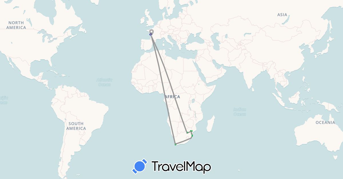 TravelMap itinerary: driving, bus, plane in France, Swaziland, South Africa (Africa, Europe)